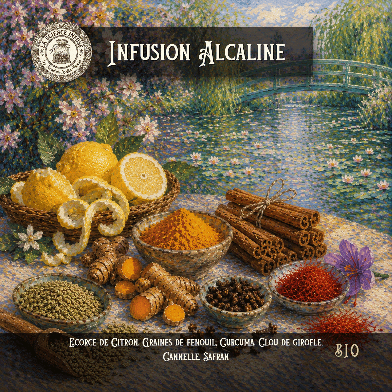 Infusion alcaline maison à l'écorce de citron, fenouil, curcuma, clou de girofle, cannelle et safran