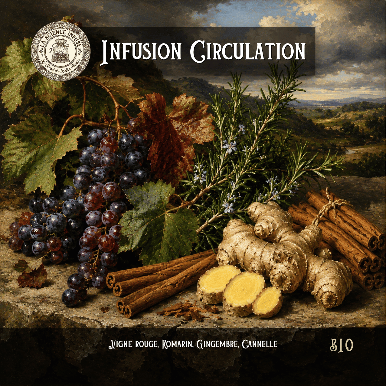 Infusion circulation maison à la vigne rouge, romarin, gingembre et cannelle