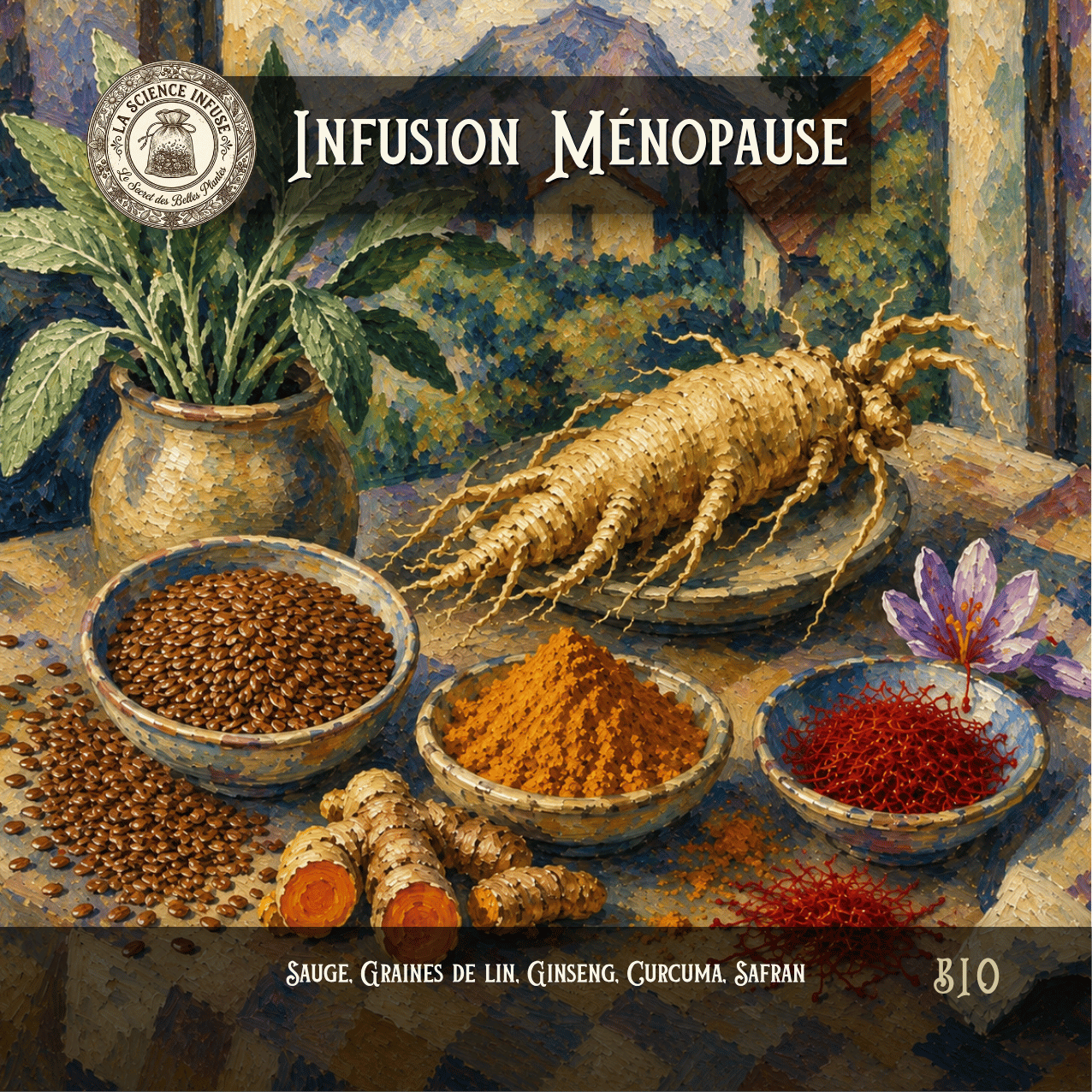 Infusion ménopause maison à la sauge, graines de lin, ginseng, curcuma et safran